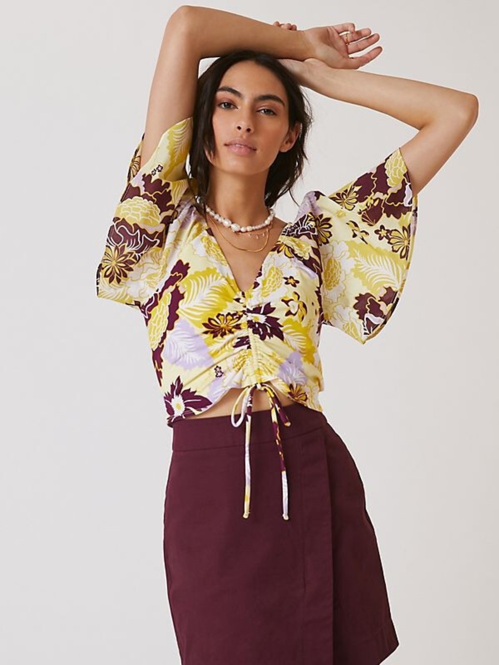 Maeve by Anthropologie Yellow Floral Ruched Crop Top